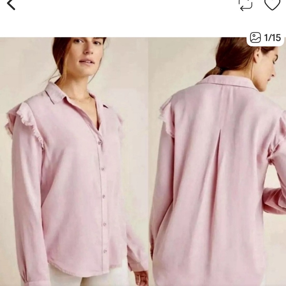 Anthropologie Women's Pink Ruffle Sleeve Button-Up Shirt